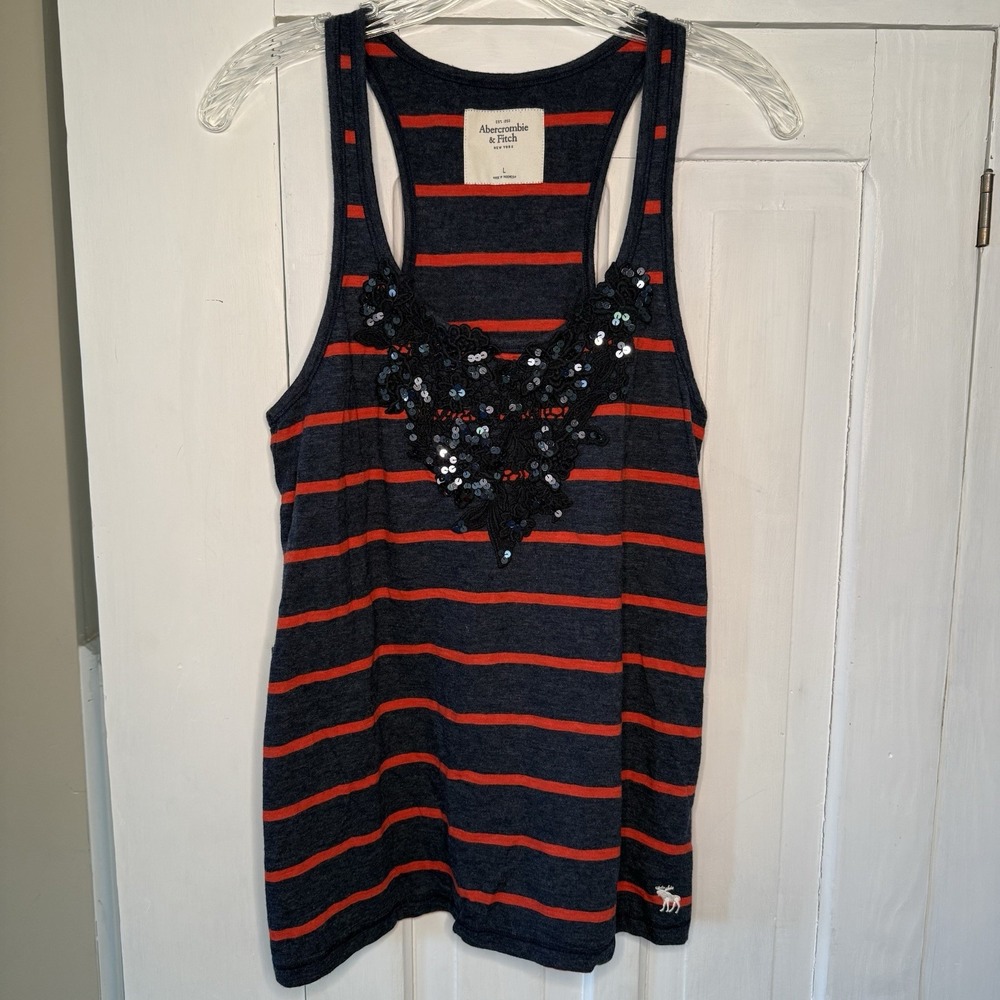 Abercrombie & Fitch Sz Large Women's Blue Stripe Racer Back Tank Sequins Crochet